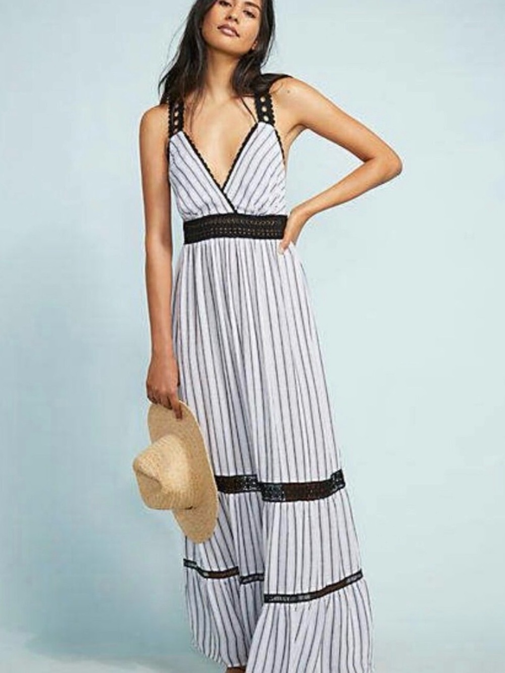 Anthropologie White Maxi Dress with Black Stripes & Lace